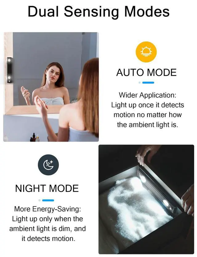 Alt view image 5 of 7 - Under Cabinet Lights, Wireless Motion Sensor Light Indoor, Black 10in LED White Lighting Rechargeable Battery Operated,4 Modes Night Light, Stick-On Magnetic Closet Lights for Kitchen, Hallway(2 Pack)