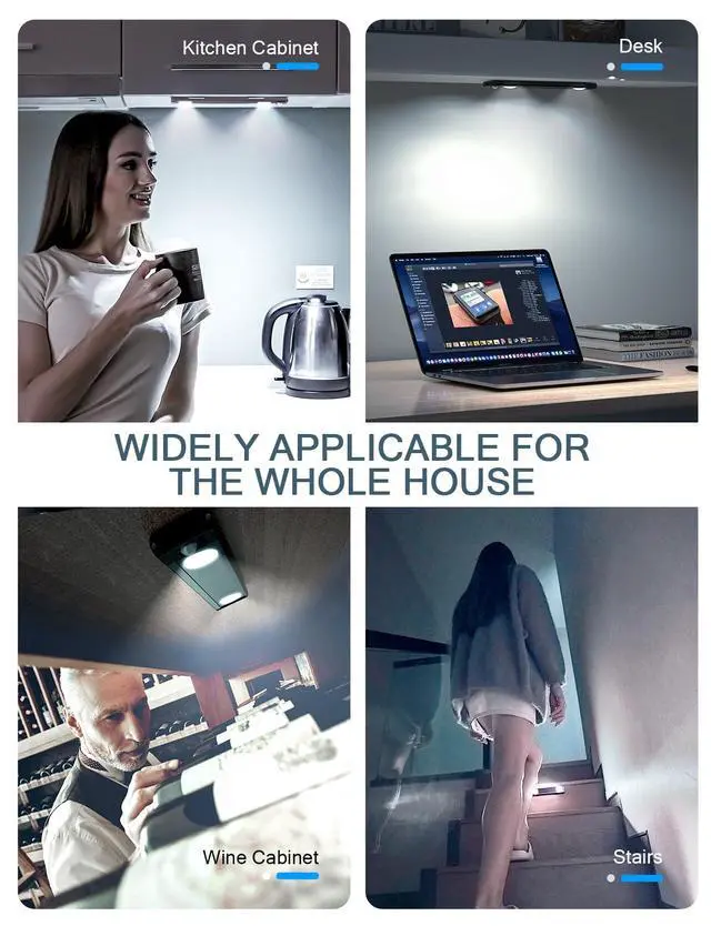 Alt view image 7 of 7 - Under Cabinet Lights, Wireless Motion Sensor Light Indoor, Black 10in LED White Lighting Rechargeable Battery Operated,4 Modes Night Light, Stick-On Magnetic Closet Lights for Kitchen, Hallway(2 Pack)
