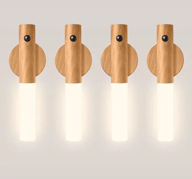Main image of Motion Sensor Night Lights 4 Pack Rechargeable Magnetic LED Sconces for Bedroom, Hallway & Picture Lighting + 4-in-1 Charging Cable (Oak Yellow)