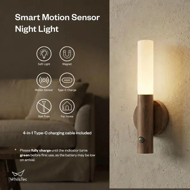 Alt view image 2 of 6 - Motion Sensor Night Lights 4 Pack Rechargeable Magnetic LED Sconces for Bedroom, Hallway & Picture Lighting + 4-in-1 Charging Cable (Oak Yellow)