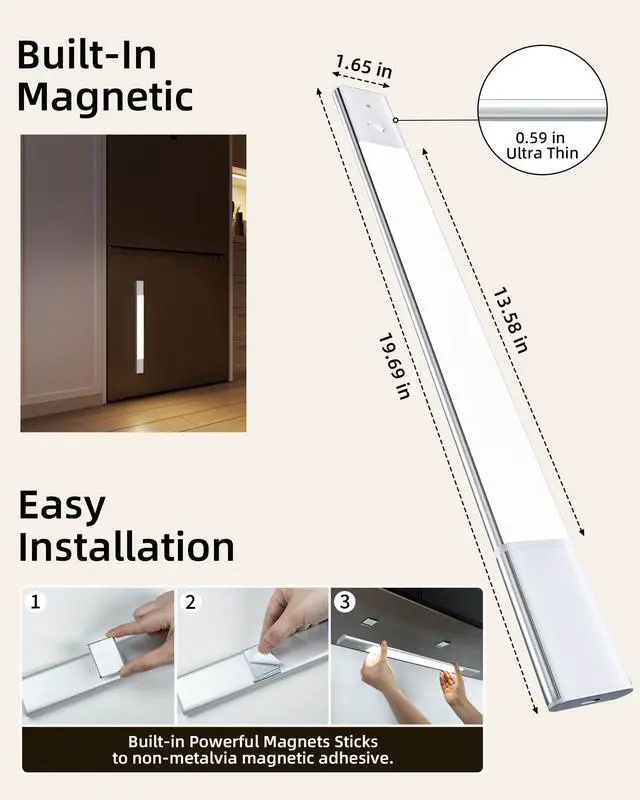 Alt view image 7 of 7 - Under Cabinet Lighting, Motion Sensor Closet Lights with Extra Detachable Battery, 76 LEDs Dimmable, 3 Color Temps, Under Counter Lights for Kitchen, Wardrobe