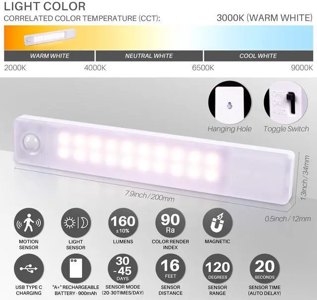 Alt view image 2 of 7 - Under Cabinet Lighting Rechargeable, 8 inch Motion Sensor Lights Indoor Battery Operated, USB Stick on LED Magnetic Closet Light for Counter, Stairs, Kitchen, Warm White, 2 Pack