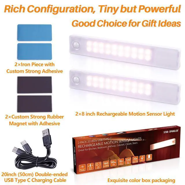 Alt view image 4 of 7 - Under Cabinet Lighting Rechargeable, 8 inch Motion Sensor Lights Indoor Battery Operated, USB Stick on LED Magnetic Closet Light for Counter, Stairs, Kitchen, Warm White, 2 Pack