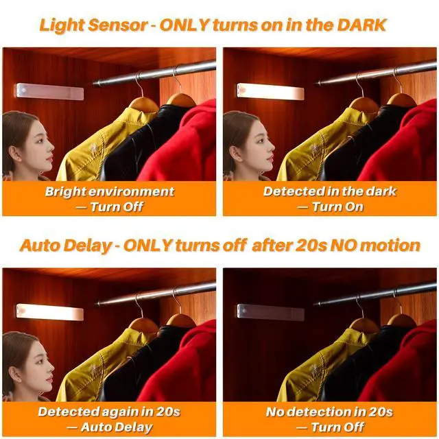 Alt view image 5 of 7 - Under Cabinet Lighting Rechargeable, 8 inch Motion Sensor Lights Indoor Battery Operated, USB Stick on LED Magnetic Closet Light for Counter, Stairs, Kitchen, Warm White, 2 Pack