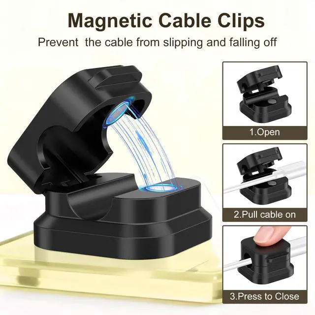 Alt view image 3 of 7 - 6 Pack Magnetic Cable Clips, Cord Organizer Holder with Strong Adhesive, Desk Cable Management for Home Office Car Desktop Nightstand, Adjustable Wire Keeper, Black