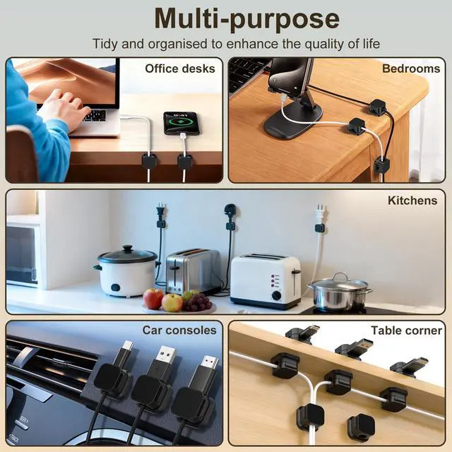 Alt view image 7 of 7 - 6 Pack Magnetic Cable Clips, Cord Organizer Holder with Strong Adhesive, Desk Cable Management for Home Office Car Desktop Nightstand, Adjustable Wire Keeper, Black