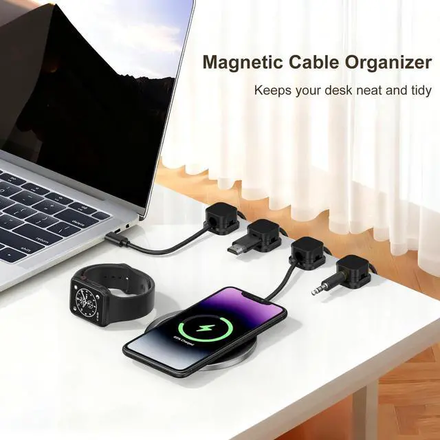 Alt view image 6 of 7 - 6 Pack Magnetic Cable Clips, Cord Organizer Holder with Strong Adhesive, Desk Cable Management for Home Office Car Desktop Nightstand, Adjustable Wire Keeper, Black