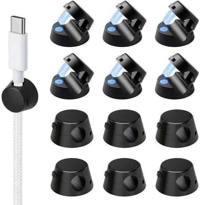 Main image of 12 Pack Mini Magnetic Cable Organizer Clips, Cord Holder Self Adhesive Cable Management for Desk, Nightstand, Home Office Accessories Black