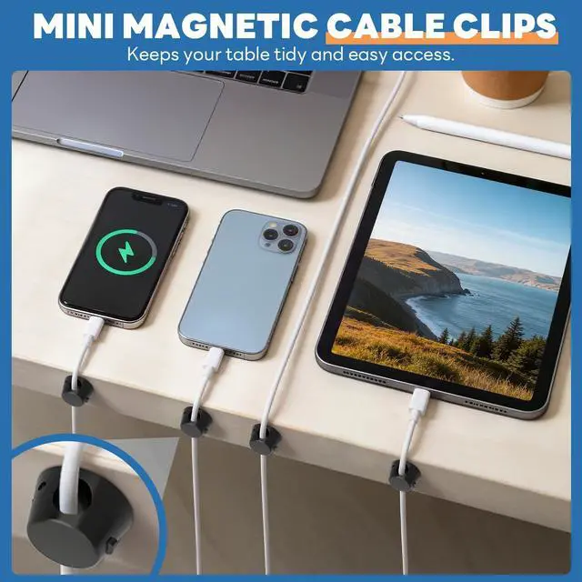 Alt view image 2 of 7 - 12 Pack Mini Magnetic Cable Organizer Clips, Cord Holder Self Adhesive Cable Management for Desk, Nightstand, Home Office Accessories Black