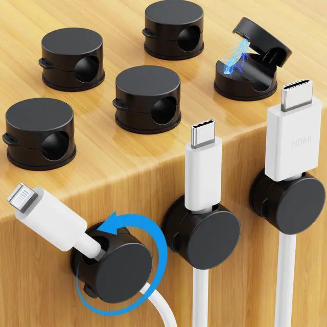 Main image of 8 Pack Magnetic Cable Clips, Upgraded 360° Rotatable Cord Holder Clips for Nightstand, Desk Cord Organizer Adhesive Wire Management Home Office Phone Charging Cords USB Cable Keeper (Black)
