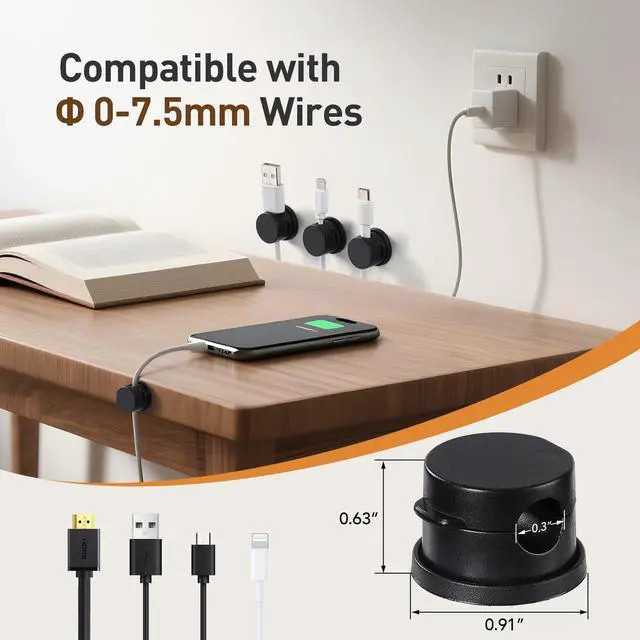 Alt view image 4 of 7 - 8 Pack Magnetic Cable Clips, Upgraded 360° Rotatable Cord Holder Clips for Nightstand, Desk Cord Organizer Adhesive Wire Management Home Office Phone Charging Cords USB Cable Keeper (Black)