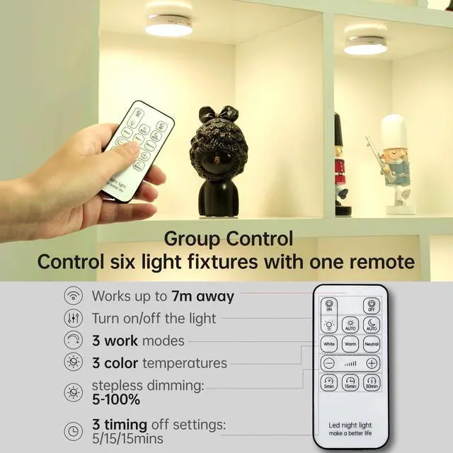 Alt view image 2 of 7 - Rechargeable Puck Light with Remote, Motion Sensor Night Light, LED Closet Light 3 Color Temps for Stairs, Kitchen, Cabinet (3 Packs)