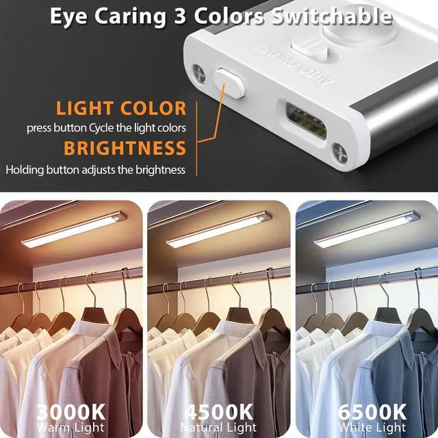 Alt view image 3 of 7 - 8inch Under Cabinet Lighting, 2 Pack Rechargeable Motion Sensor Light Indoor, 3 Color Temps, 5 Levels Dimmable Magnetic Closet Lights, Wireless Under Counter Lights for Kitchen, Stairs
