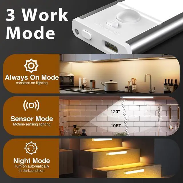 Alt view image 5 of 7 - 8inch Under Cabinet Lighting, 2 Pack Rechargeable Motion Sensor Light Indoor, 3 Color Temps, 5 Levels Dimmable Magnetic Closet Lights, Wireless Under Counter Lights for Kitchen, Stairs