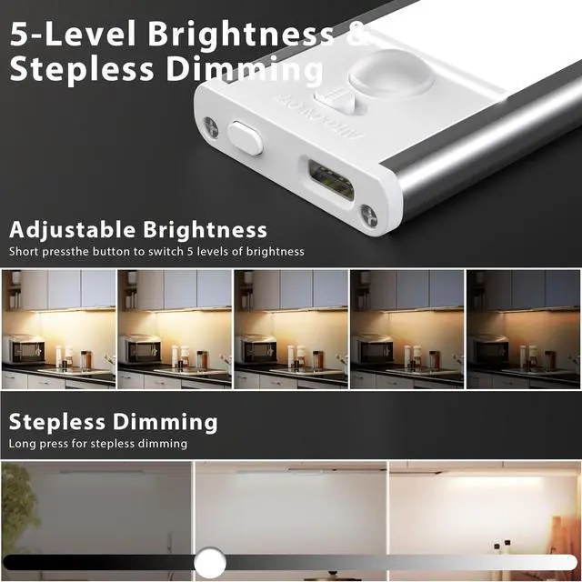 Alt view image 4 of 7 - 8inch Under Cabinet Lighting, 2 Pack Rechargeable Motion Sensor Light Indoor, 3 Color Temps, 5 Levels Dimmable Magnetic Closet Lights, Wireless Under Counter Lights for Kitchen, Stairs