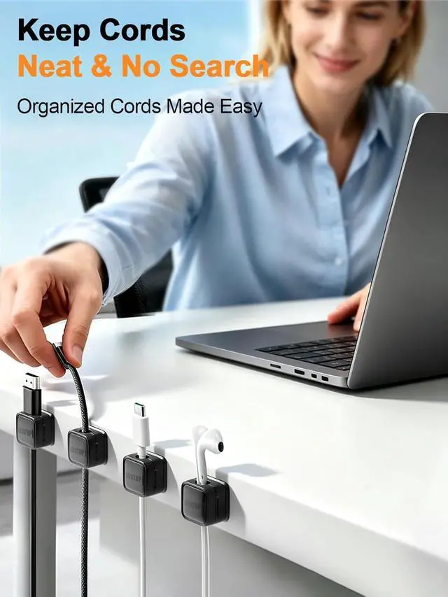 Alt view image 5 of 7 - 8 Pack Magnetic Cable Clips, Strong Adhesive Cord Organizer for Desk, Easy Open Cable Holder for Phone Chargers, USB, HDMI Wires, Cable Management for Home, Office, Car, Nightstand