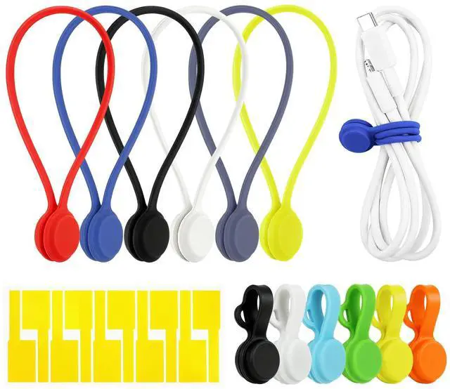 Main image of 12pcs Silicone Magnetic Cord Organizer Cable Ties Reusable Clips, Cable Straps Phone Cord Holder for Bundling and Organizing, Book Marks, Fridge Magnets Colorful