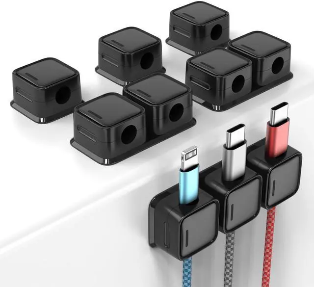Main image of Magnetic Cable Clips, 6 Pack 10-Slot Cord Organizer, Strong Phone Charging Cable Holder Clips, Wire Charger Keeper for Desk, Nightstand, Kitchen Appliances, Office Supplies (Black)