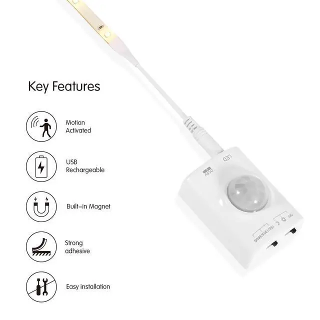 Alt view image 2 of 6 - Rechargeable Under Cabinet Lighting, 2M Motion Sensor LED Light Strip, 6000K Cold White Night Light for Closet, Stairway, Stairs, Counter, Kitchen Cupboard, Bedroom, Bathroom