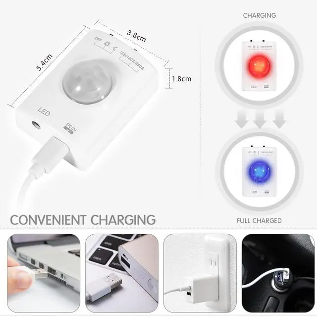 Alt view image 3 of 6 - Rechargeable Under Cabinet Lighting, 2M Motion Sensor LED Light Strip, 6000K Cold White Night Light for Closet, Stairway, Stairs, Counter, Kitchen Cupboard, Bedroom, Bathroom