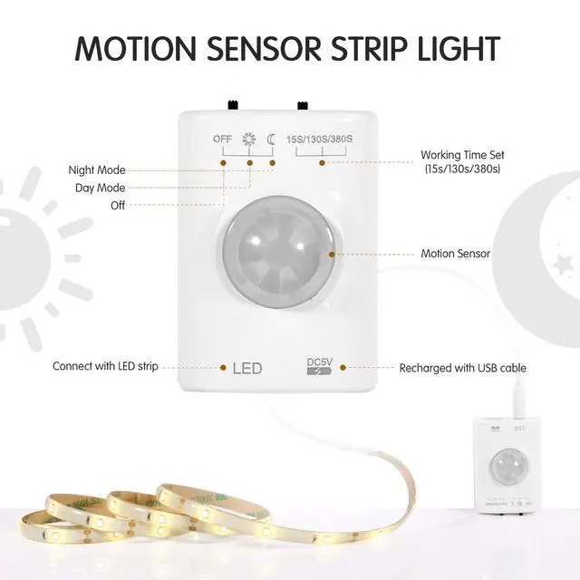Alt view image 5 of 6 - Rechargeable Under Cabinet Lighting, 2M Motion Sensor LED Light Strip, 6000K Cold White Night Light for Closet, Stairway, Stairs, Counter, Kitchen Cupboard, Bedroom, Bathroom