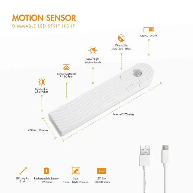 Alt view image 2 of 7 - Motion Sensor Strip Lights Rechargeable Motion Activated LED Strip Light Dimmable Cabinet Light Strip for Wardrobe, Cabinet, Pantry, Closet(1M, Cool White)