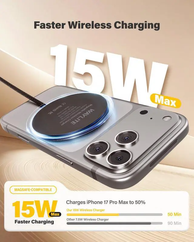 Alt view image 2 of 7 - 6FT Magnetic Wireless Charger Charging Pad - 15W Fast Phone Charger Puck for Apple iPhone 17 16 15 14 13 12 Series & AirPods 4 3 2 Pro, Phone Charging Pad with Plug for Desk & Travel, 1Pack Black