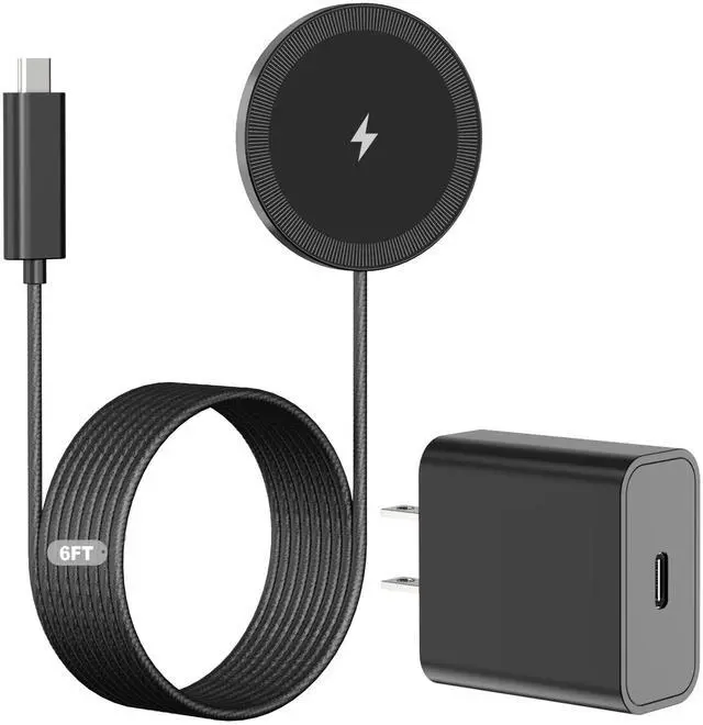 Main image of 6FT Magnetic Wireless Charger Charging Pad - 15W Fast Phone Charger Puck for Apple iPhone 17 16 15 14 13 12 Series & AirPods 4 3 2 Pro, Phone Charging Pad with Plug for Desk & Travel, 1Pack Black