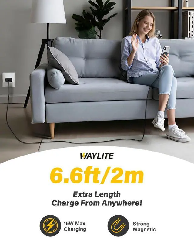 Alt view image 6 of 7 - 6FT Magnetic Wireless Charger Charging Pad - 15W Fast Phone Charger Puck for Apple iPhone 17 16 15 14 13 12 Series & AirPods 4 3 2 Pro, Phone Charging Pad with Plug for Desk & Travel, 1Pack Black