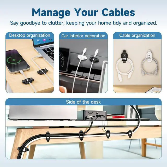 Alt view image 3 of 7 - Adjustable Cable Management Clips, Self Adhesive Cord Organizer with Elastic Loop, Reusable Cable Holder for Desk, Under Desk, Wall, TV, Office, Home, Charging Cables, USB, HDMI, PC Wires (10)