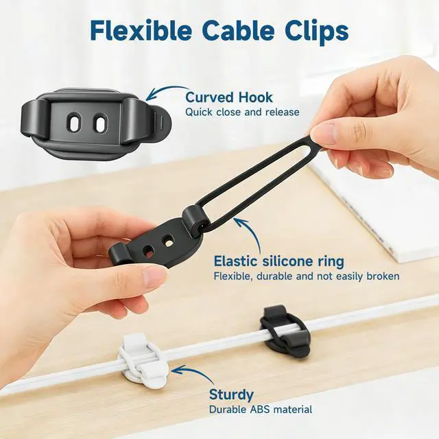 Alt view image 5 of 7 - Adjustable Cable Management Clips, Self Adhesive Cord Organizer with Elastic Loop, Reusable Cable Holder for Desk, Under Desk, Wall, TV, Office, Home, Charging Cables, USB, HDMI, PC Wires (10)