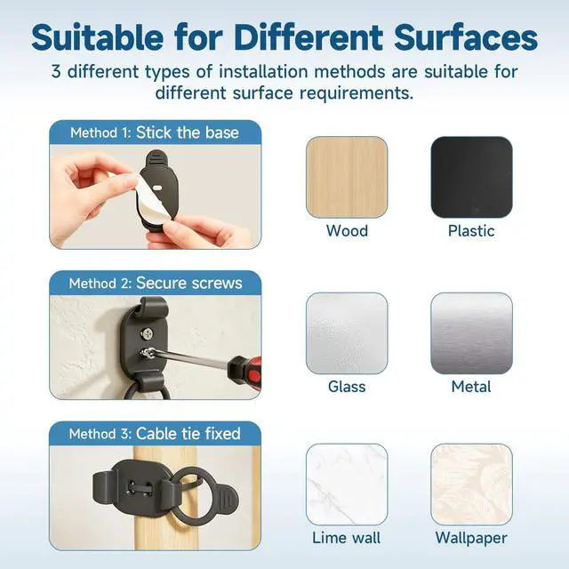 Alt view image 6 of 7 - Adjustable Cable Management Clips, Self Adhesive Cord Organizer with Elastic Loop, Reusable Cable Holder for Desk, Under Desk, Wall, TV, Office, Home, Charging Cables, USB, HDMI, PC Wires (10)