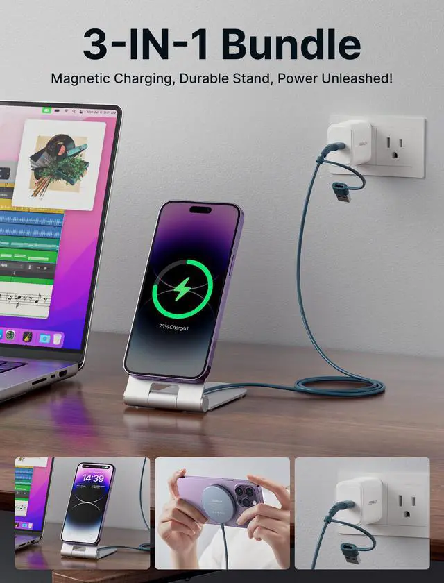 Alt view image 3 of 7 - Magnetic Wireless Charger Compatible with MagSafe Charger iPhone 16/15/14/13/12 Series, Wireless Mag Safe Charging Pad (Blue) with 20W PD Adapter and Desktop Stand