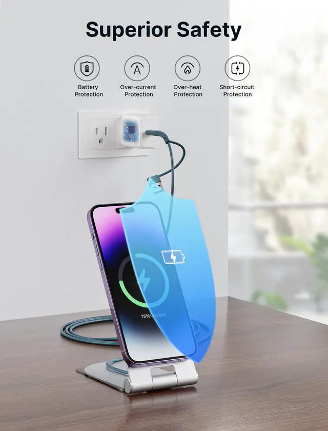 Alt view image 7 of 7 - Magnetic Wireless Charger Compatible with MagSafe Charger iPhone 16/15/14/13/12 Series, Wireless Mag Safe Charging Pad (Blue) with 20W PD Adapter and Desktop Stand