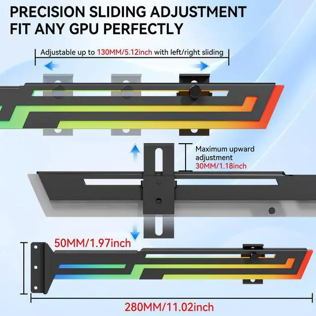 Alt view image 2 of 7 - ARGB GPU Support Bracket, Universal 16.8M RGB Modes Graphics Card GPU Brace Support, Multi Angle Adjustable GPU Sag Bracket for Video Cards, GPU Stand Built-in 5V3PIN Addressable RGB Strip