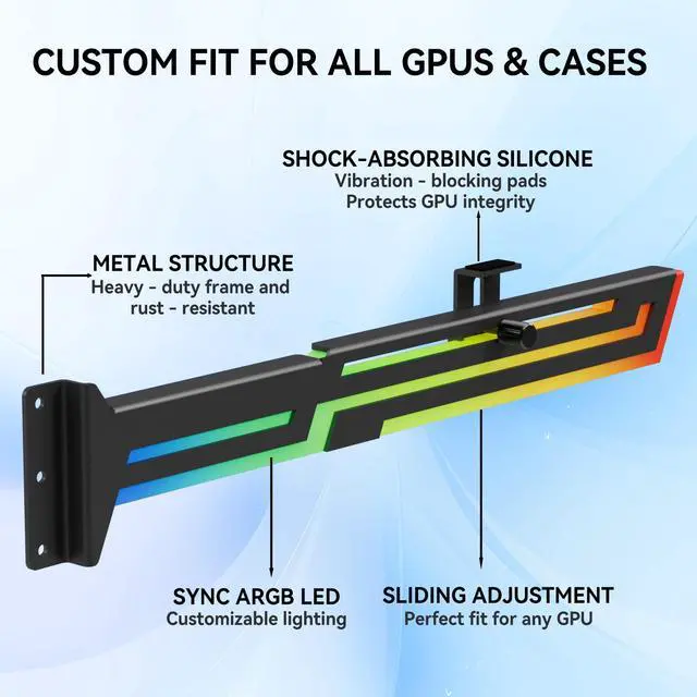 Alt view image 4 of 7 - ARGB GPU Support Bracket, Universal 16.8M RGB Modes Graphics Card GPU Brace Support, Multi Angle Adjustable GPU Sag Bracket for Video Cards, GPU Stand Built-in 5V3PIN Addressable RGB Strip