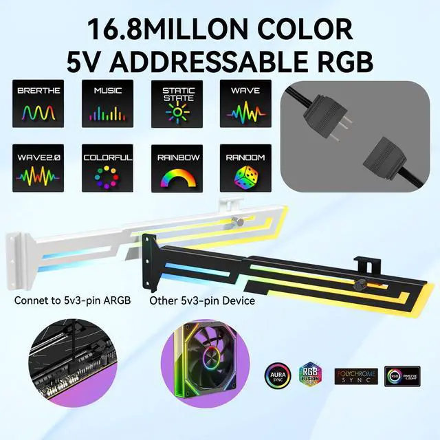Alt view image 3 of 7 - ARGB GPU Support Bracket, Universal 16.8M RGB Modes Graphics Card GPU Brace Support, Multi Angle Adjustable GPU Sag Bracket for Video Cards, GPU Stand Built-in 5V3PIN Addressable RGB Strip