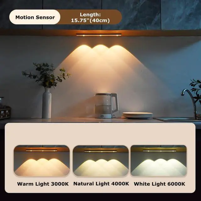Alt view image 2 of 6 - 3 Color LED Closet Light, "Hill-Peak" Under Cabinet Night Lights, Motion Sensor Activated, USB Rechargeable, Magnetic Indoor Light for Wine Cabinet, Shoe Cabinet. (15.75"(40cm))