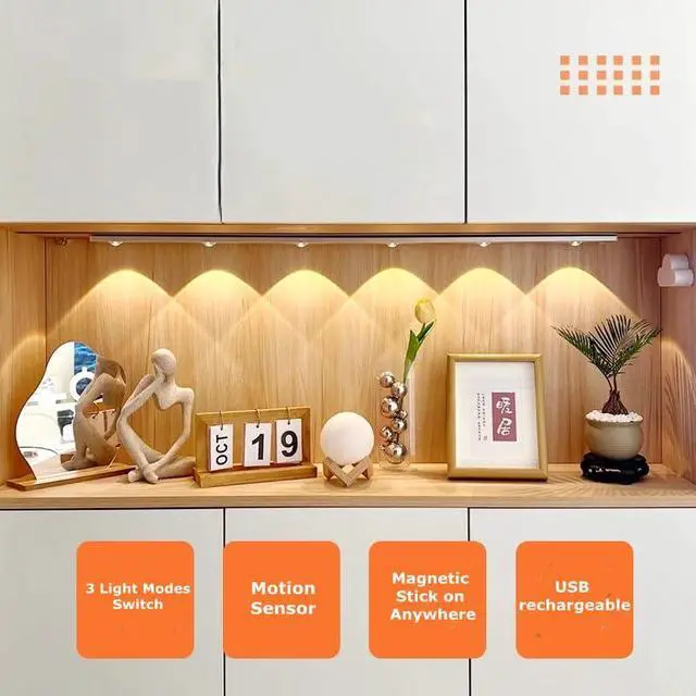 Alt view image 4 of 6 - 3 Color LED Closet Light, "Hill-Peak" Under Cabinet Night Lights, Motion Sensor Activated, USB Rechargeable, Magnetic Indoor Light for Wine Cabinet, Shoe Cabinet. (15.75"(40cm))