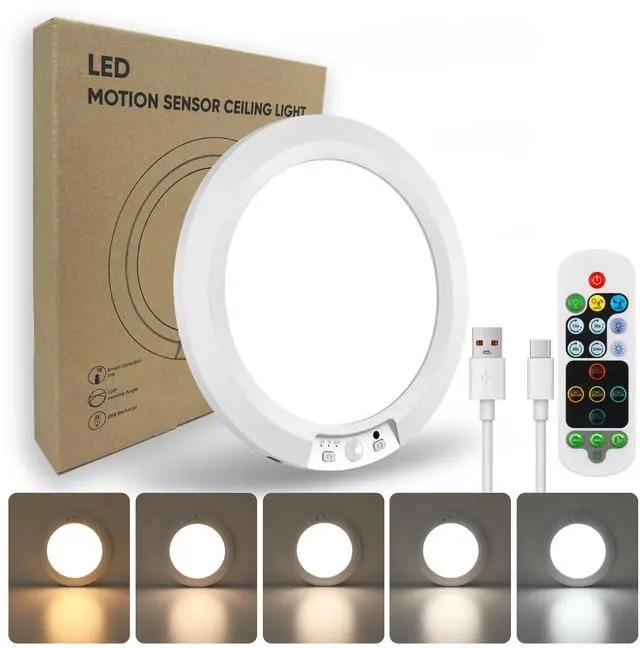 Main image of Rechargeable Motion Sensor Ceiling Light Indoor, 8000mAh Battery Operated, Dimmable Wireless LED Closet Light with Remote, 5 Color Temps & Timer, Ultra-Thin, Magnetic Install, 1-Pack