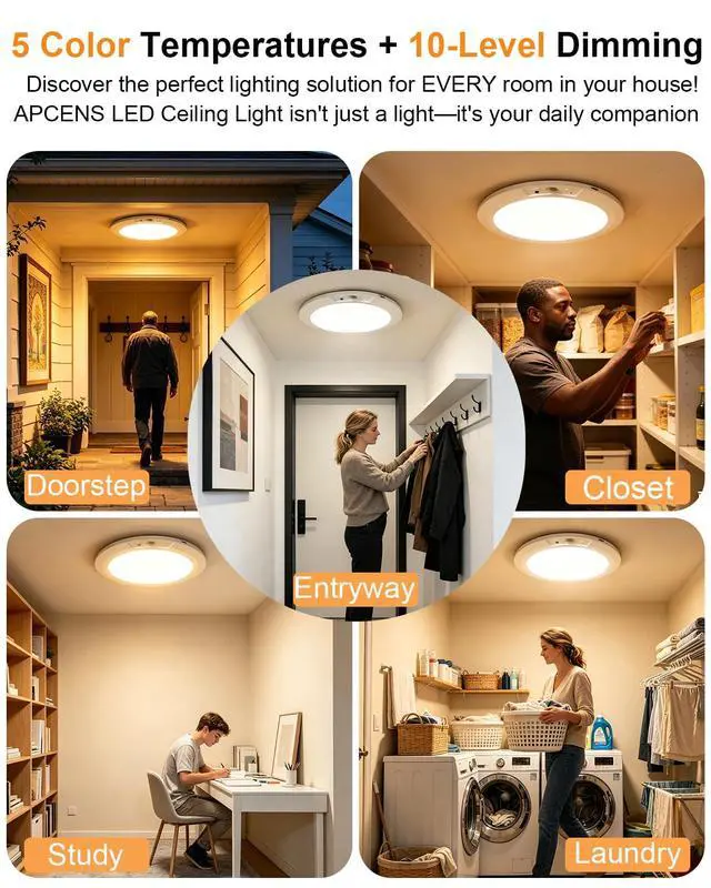 Alt view image 4 of 7 - Rechargeable Motion Sensor Ceiling Light Indoor, 8000mAh Battery Operated, Dimmable Wireless LED Closet Light with Remote, 5 Color Temps & Timer, Ultra-Thin, Magnetic Install, 1-Pack
