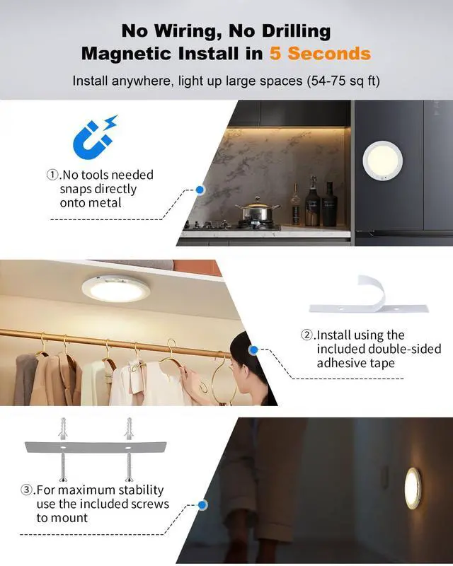Alt view image 5 of 7 - Rechargeable Motion Sensor Ceiling Light Indoor, 8000mAh Battery Operated, Dimmable Wireless LED Closet Light with Remote, 5 Color Temps & Timer, Ultra-Thin, Magnetic Install, 1-Pack