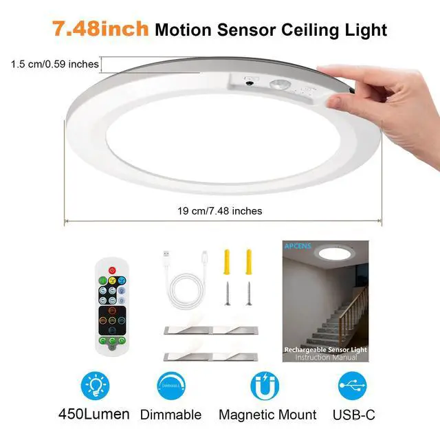 Alt view image 2 of 7 - Rechargeable Motion Sensor Ceiling Light Indoor, 8000mAh Battery Operated, Dimmable Wireless LED Closet Light with Remote, 5 Color Temps & Timer, Ultra-Thin, Magnetic Install, 1-Pack