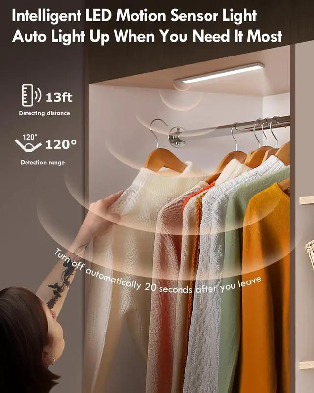 Alt view image 4 of 7 - LED Closet Lights, 52LED Motion Sensor Light Indoor, Under Cabinet Lights Rechargeable USB-C Under Cabinet Lighting, 1800mah Battery Operated Lights Wireless Magnetic Light for Kitchen Night Stair