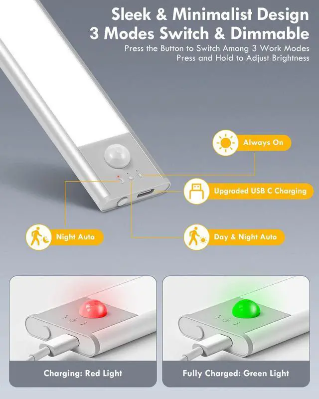 Alt view image 3 of 7 - LED Closet Lights, 52LED Motion Sensor Light Indoor, Under Cabinet Lights Rechargeable USB-C Under Cabinet Lighting, 1800mah Battery Operated Lights Wireless Magnetic Light for Kitchen Night Stair