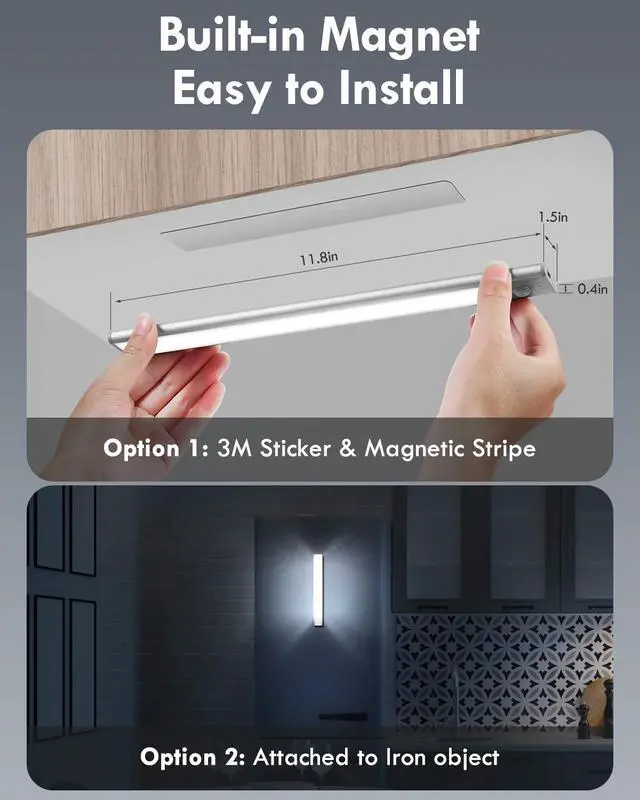 Alt view image 6 of 7 - LED Closet Lights, 52LED Motion Sensor Light Indoor, Under Cabinet Lights Rechargeable USB-C Under Cabinet Lighting, 1800mah Battery Operated Lights Wireless Magnetic Light for Kitchen Night Stair
