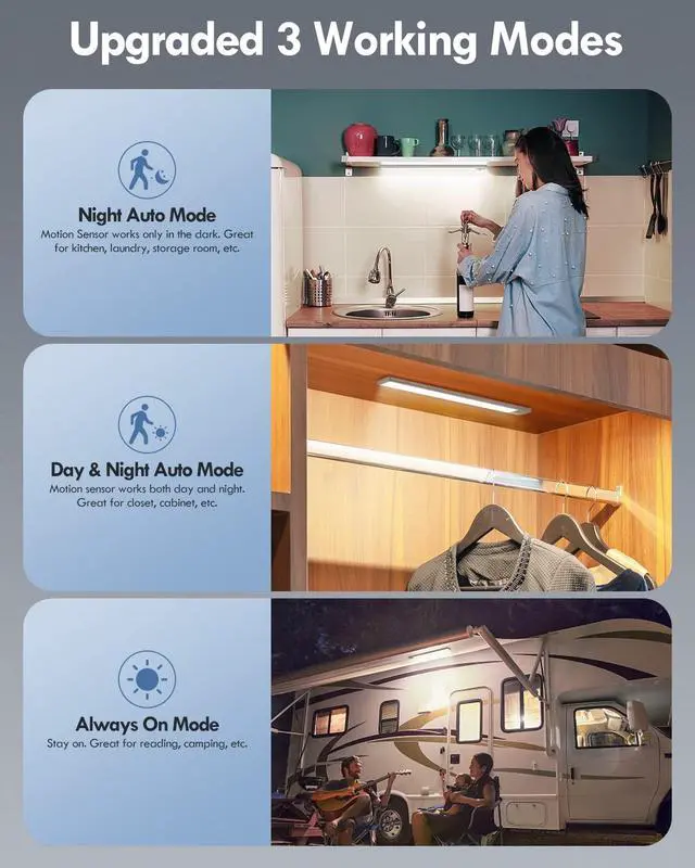Alt view image 7 of 7 - LED Closet Lights, 52LED Motion Sensor Light Indoor, Under Cabinet Lights Rechargeable USB-C Under Cabinet Lighting, 1800mah Battery Operated Lights Wireless Magnetic Light for Kitchen Night Stair