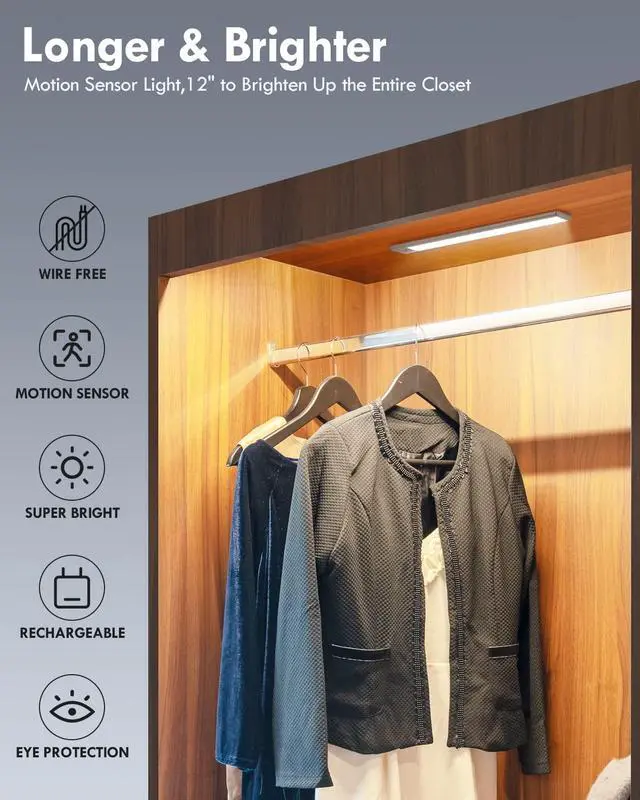 Alt view image 2 of 7 - LED Closet Lights, 52LED Motion Sensor Light Indoor, Under Cabinet Lights Rechargeable USB-C Under Cabinet Lighting, 1800mah Battery Operated Lights Wireless Magnetic Light for Kitchen Night Stair