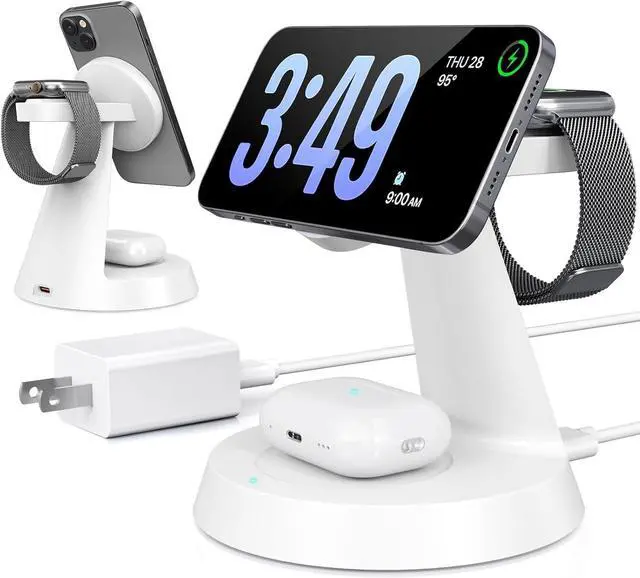 Main image of iPhone Charging Station 3 in 1 Wireless Charger for Apple Devices, 15W MagSafe Stand Compatible with iPhone 17 16 15 14 13 12 Pro Max Plus, Charging Dock for AirPods 4 3 2 & iWatch Series (White)