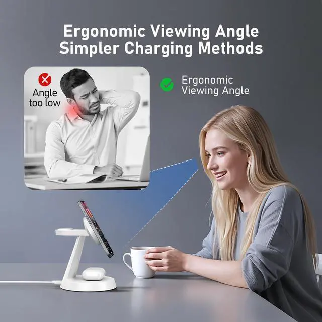 Alt view image 6 of 7 - iPhone Charging Station 3 in 1 Wireless Charger for Apple Devices, 15W MagSafe Stand Compatible with iPhone 17 16 15 14 13 12 Pro Max Plus, Charging Dock for AirPods 4 3 2 & iWatch Series (White)